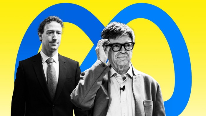 Mark Zuckerberg and Yann LeCun stand in front of a large Meta logo on a yellow background