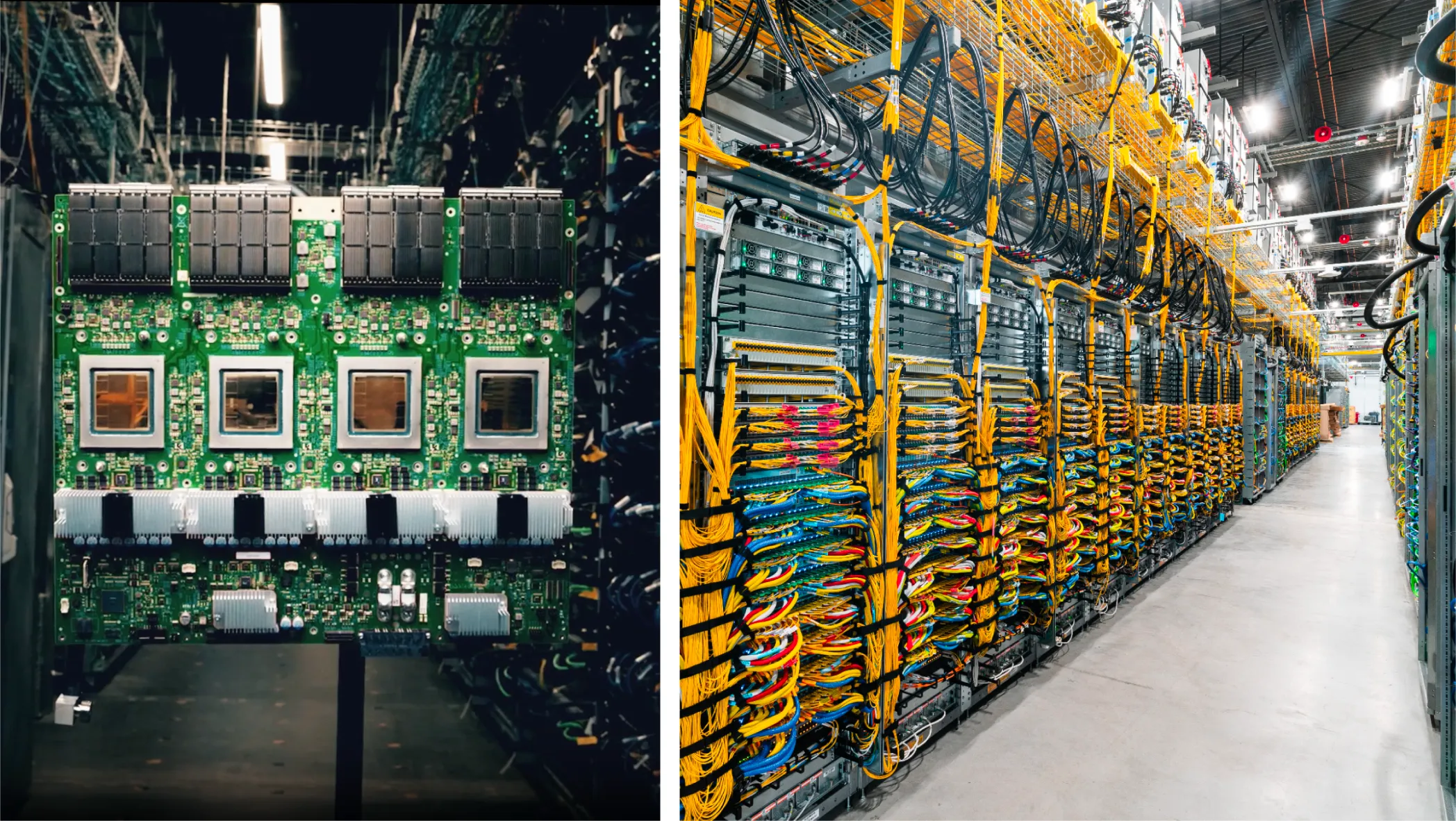 "On the left: A close-up of four Ironwood chips. On the right: A data center wall with rows of server racks, complex cabling and overhead cable trays."