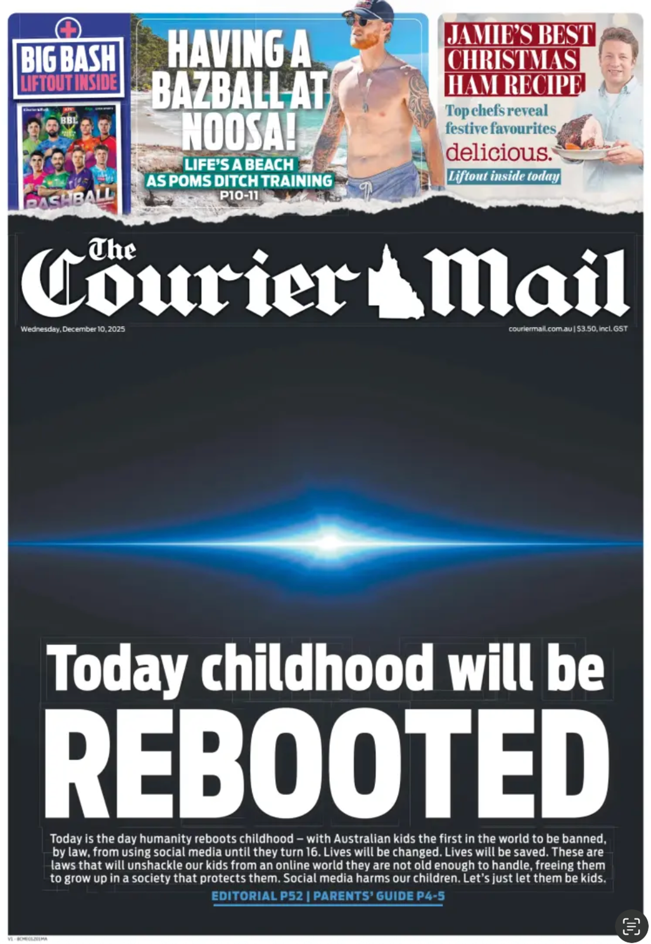 “Aujourd’hui l’enfance va être réinitialisée”, proclame la une du quotidien australien conservateur “The Courier Mail”, le 10 décembre 2025, jour de l’interdiction des ré́seaux sociaux aux moins de 16 ans en Australie.